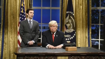 SATURDAY NIGHT LIVE -- 'Kristen Stewart' Episode 1717 -- Pictured: (l-r) Kyle Mooney as a presidential aide and Alec Baldwin as President Donald J. Trump during the Oval Office Cold Open on February 4th, 2017 -- (Photo by: Will Heath/NBC/NBCU Photo Bank via Getty Images)