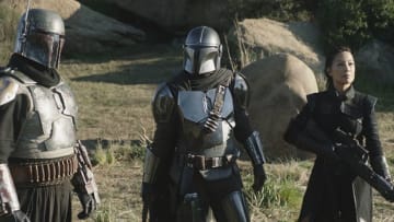 Pedro Pascal is The Mandalorian, Temuera Morrison is Boba Fett and Ming-Na Wen is Fennec in The Mandalorian season 2. Photo: Disney+.
