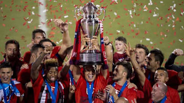 Sep 13, 2016; Frisco, TX, USA; FC Dallas celebrates wining the Lamar Hunt U.S. Open Cup at Toyota Stadium. FC Dallas defeats New England Revolution 4-2. Mandatory Credit: Jerome Miron-USA TODAY Sports