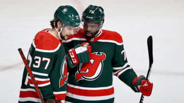 Pavel Zacha #37 and P.K. Subban #76 of the New Jersey Devils. (Photo by Elsa/Getty Images)
