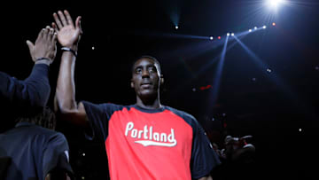 Tony Snell #17 of the Portland Trail Blazers is announced before the game against the Detroit Pistons (Photo by Steph Chambers/Getty Images)