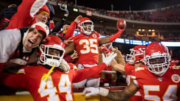 Kansas City Chiefs cornerback Charvarius Ward (35) celebrates with fans after recovering and returning an extra point blocked by Tanoh Kpassagnon in the fourth quarter against the Oakland Raiders Dec. 1, 2019, at Arrowhead Stadium in Kansas City. The Chiefs won, 40-9. (James Woolridge/Kansas City Star/Tribune News Service via Getty Images)