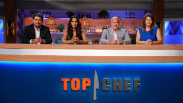 TOP CHEF -- "Strokes of Genius" Episode 1703 -- Pictured: (l-r) Ludo Lefebvre, Padma Lakshmi, Tom Colicchio, Gail Simmons -- (Photo by: Nicole Weingart/Bravo)