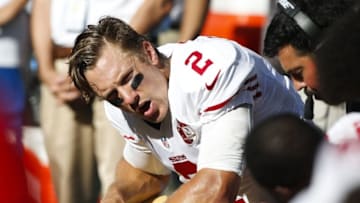 Sep 25, 2016; Seattle, WA, USA; San Francisco 49ers quarterback Blaine Gabbert (2) talks with a teammate during the fourth quarter against the Seattle Seahawks at CenturyLink Field. Seattle defeated San Francisco, 37-18. Mandatory Credit: Joe Nicholson-USA TODAY Sports