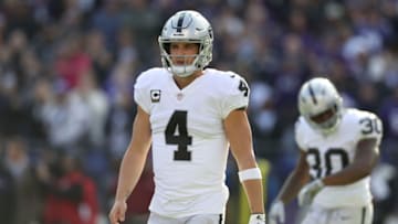 BALTIMORE, MARYLAND - NOVEMBER 25: Quarterback Derek Carr #4 of the Oakland Raiders walks off the field after a play in the first quarter against the Baltimore Ravens at M&T Bank Stadium on November 25, 2018 in Baltimore, Maryland. (Photo by Rob Carr/Getty Images)