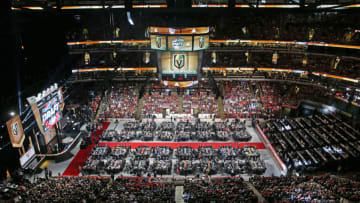 The Vegas Golden Knights logo is projected on screens before their 16th pick in the NHL Draft at the United Center in Chicago on Friday, June 23, 2017. (John J. Kim/Chicago Tribune/TNS via Getty Images)