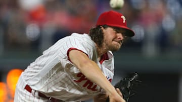 PHILADELPHIA, PA - SEPTEMBER 29: Pitcher Aaron Nola #27 of the Philadelphia Phillies delivers a pitch against the Atlanta Braves during the first inning of a game at Citizens Bank Park on September 29, 2018 in Philadelphia, Pennsylvania. (Photo by Rich Schultz/Getty Images)