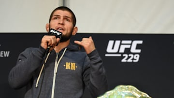 Las Vegas , United States - 6 October 2018; Khabib Nurmagomedov during the post fight press conference after his victory over Conor McGregor in their UFC lightweight championship fight during UFC 229 at T-Mobile Arena in Las Vegas, Nevada, USA. (Photo By Stephen McCarthy/Sportsfile via Getty Images)