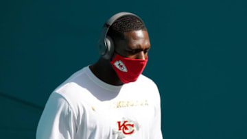 MIAMI GARDENS, FLORIDA - DECEMBER 13: Tershawn Wharton #98 of the Kansas City Chiefs looks on prior to the game against the Miami Dolphins at Hard Rock Stadium on December 13, 2020 in Miami Gardens, Florida. (Photo by Mark Brown/Getty Images)