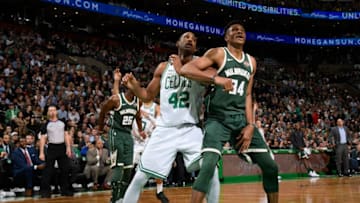 BOSTON, MA - December 4: Giannis Antetokounmpo #34 of the Milwaukee Bucks and Al Horford #42 of the Boston Celtics await the ball on December 4, 2017 at the TD Garden in Boston, Massachusetts. NOTE TO USER: User expressly acknowledges and agrees that, by downloading and or using this photograph, User is consenting to the terms and conditions of the Getty Images License Agreement. Mandatory Copyright Notice: Copyright 2017 NBAE (Photo by Brian Babineau/NBAE via Getty Images)