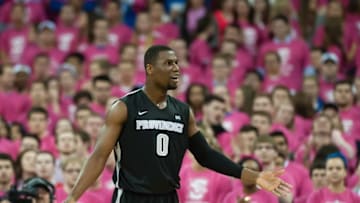 Jan 17, 2015; Omaha, NE, USA; Providence Friars forward Ben Bentil (0) reacts to a call against the Creighton Bluejays at CenturyLink Center Omaha. Providence defeated Creighton 74-65. Mandatory Credit: Steven Branscombe-USA TODAY Sports