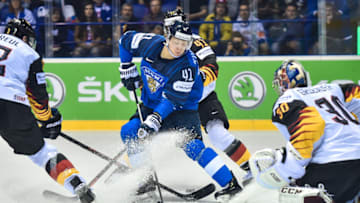 KOSICE, SLOVAKIA - MAY 21: Joel Kiviranta #41 of Finland takes a shot on goal during the 2019 IIHF Ice Hockey World Championship Slovakia group A game between Finland and Germany at Steel Arena on May 21, 2019 in Kosice, Slovakia. (Photo by Lukasz Laskowski/PressFocus/MB Media/Getty Images)