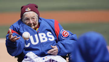 CHICAGO, IL - APRIL 10: Sister Jean Delores Schmidt of Loyola University tosses a ceremonial first pitch before the Opening Day home game between the Chicago Cubs and the Pittsburgh Pirates at Wrigley Field on April 10, 2018 in Chicago, Illinois. (Photo by Jonathan Daniel/Getty Images)