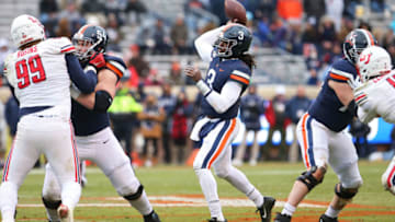 CHARLOTTESVILLE, VA - NOVEMBER 23: Bryce Perkins #3 of the Virginia Cavaliers throws a pass in the first half during a game against the Liberty Flames at Scott Stadium on November 23, 2019 in Charlottesville, Virginia. (Photo by Ryan M. Kelly/Getty Images)