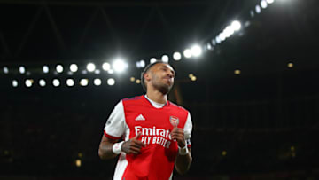 LONDON, ENGLAND - OCTOBER 22: Pierre-Emerick Aubameyang of Arsenal during the Premier League match between Arsenal and Aston Villa at Emirates Stadium on October 22, 2021 in London, England. (Photo by Marc Atkins/Getty Images)