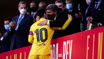 Lionel Messi of FC Barcelona salutes Joan Laporta after winning the Copa del Rey Final. (Photo by Mateo Villalba/Quality Sport Images/Getty Images)