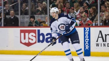 Nov 27, 2015; Saint Paul, MN, USA; Winnipeg Jets defenseman Jacob Trouba (8) against the Minnesota Wild at Xcel Energy Center. The Jets defeated the Wild 3-1. Mandatory Credit: Brace Hemmelgarn-USA TODAY Sports