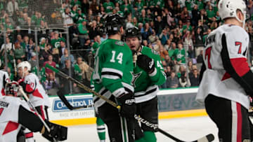 DALLAS, TX - NOVEMBER 23: Alexander Radulov #47 and Jamie Benn #14 of the Dallas Stars celebrate a goal against the Ottawa Senators at the American Airlines Center on November 23, 2018 in Dallas, Texas. (Photo by Glenn James/NHLI via Getty Images)
