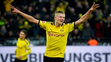 Dortmund's Norwegian forward Erling Braut Haaland celebrates after scoring during the German first division Bundesliga football match Borussia Dortmund vs FC Union Berlin in Dortmund on February 1, 2020. (Photo by INA FASSBENDER / AFP) / RESTRICTIONS: DFL REGULATIONS PROHIBIT ANY USE OF PHOTOGRAPHS AS IMAGE SEQUENCES AND/OR QUASI-VIDEO (Photo by INA FASSBENDER/AFP via Getty Images)