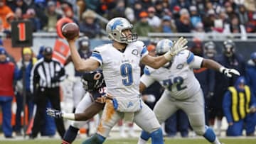 Jan 3, 2016; Chicago, IL, USA; Detroit Lions quarterback Matthew Stafford (9) looks to pass the ball against the Chicago Bears during the second half at Soldier Field. The Lions won 24-20. Mandatory Credit: Kamil Krzaczynski-USA TODAY Sports
