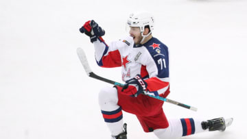 MOSCOW REGION, RUSSIA - APRIL 19, 2019: CSKA Moscow's Konstantin Okulov celebrates after scoring a goal in Leg 4 of the 2018/2019 Kontinental Hockey League Gagarin Cup Finals (final best-of-seven series of annual KHL playoffs) between CSKA Moscow and Avangard Omsk at Balashikha Arena; CSKA Moscow won the game 2-3 securing the Gagarin Cup title. Sergei Bobylev/TASS (Photo by Sergei BobylevTASS via Getty Images)