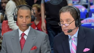 May 10, 2015; Los Angeles, CA, USA; TNT broadcasters Reggie Miller (left) and Kevin Harlan during game four of the second round of the NBA playoffs between the Houston Rockets and the Los Angeles Clippers at Staples Center. Mandatory Credit: Kirby Lee-USA TODAY Sports