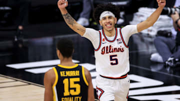 Mar 13, 2021; Indianapolis, Indiana, USA; Illinois Fighting Illini guard Andre Curbelo (5) reacts to defeating the Iowa Hawkeyes at Lucas Oil Stadium. Mandatory Credit: Aaron Doster-USA TODAY Sports