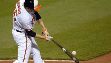 May 3, 2016; Baltimore, MD, USA; Baltimore Orioles right fielder Mark Trumbo (45) hits a two run home run during the fifth inning against the New York Yankees at Oriole Park at Camden Yards. Baltimore Orioles defeated New York Yankees 4-1. Mandatory Credit: Tommy Gilligan-USA TODAY Sports
