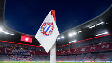 13 March 2019, Bavaria, München: Soccer: Champions League, knockout round, round of sixteen, second leg: FC Bayern Munich - FC Liverpool in the Allianz Arena. The FC Bayern Munich logo can be seen on the corner flag in the Allianz Arena before the match begins. Photo: Matthias Balk/dpa (Photo by Matthias Balk/picture alliance via Getty Images)