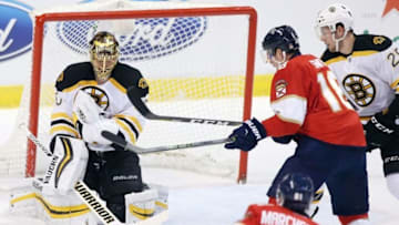 Dec 22, 2016; Sunrise, FL, USA; Boston Bruins goalie Tuukka Rask (40) makes a save on a shot by Florida Panthers right wing Reilly Smith (18) in the first period at BB&T Center. Mandatory Credit: Robert Mayer-USA TODAY Sports