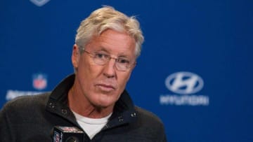 Feb 25, 2016; Indianapolis, IN, USA; Seattle Seahawks Pete Carroll speaks to the media during the 2016 NFL Scouting Combine at Lucas Oil Stadium. Mandatory Credit: Trevor Ruszkowski-USA TODAY Sports