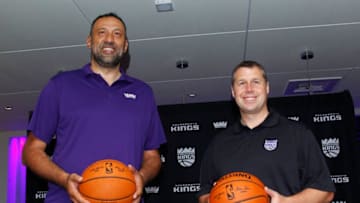 SACRAMENTO, CA - MAY 10: Vlade Divac poses for a photo with the Sacramento Kings new Head Coach Dave Joerger at a press conference on May 10, 2016 at the Kings Experience Center in Sacramento, California. NOTE TO USER: User expressly acknowledges and agrees that, by downloading and/or using this Photograph, user is consenting to the terms and conditions of the Getty Images License Agreement. Mandatory Copyright Notice: Copyright 2016 NBAE (Photo by Rocky Widner/NBAE via Getty Images)