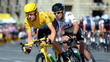 July 22, 2012; Paris, FRANCE; Bradley Wiggins (GBR), left, and Mark Cavendish (GBR) during stage twenty of the 2012 Tour de France in Paris. Mandatory Credit: Jerome Prevost/Presse Sports via USA TODAY Sports