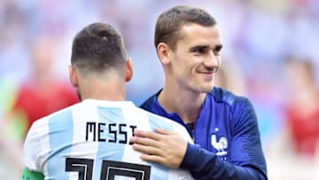 KAZAN, RUSSIA - JUNE 30: Lionel Messi of Argentina and Antoine Griezmann of France reacts during the 2018 FIFA World Cup Russia Round of 16 match between France and Argentina at Kazan Arena on June 30, 2018 in Kazan, Russia. (Photo by Lukasz Laskowski/PressFocus/MB Media/Getty Images)