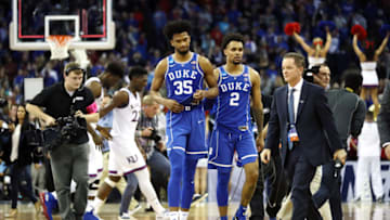 OMAHA, NE - MARCH 25: Marvin Bagley III #35 and Gary Trent Jr. #2 of the Duke Blue Devils walk off the court after their teams loss to the Kansas Jayhawks in the 2018 NCAA Men's Basketball Tournament Midwest Regional at CenturyLink Center on March 25, 2018 in Omaha, Nebraska. The Kansas Jayhawks defeated the Duke Blue Devils 85-81. (Photo by Jamie Squire/Getty Images)