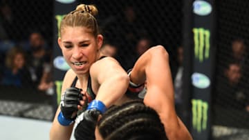 ST. LOUIS, MO - JANUARY 14: (L-R) Irene Aldana of Mexico punches Talita Bernardo of Brazil in their women's bantamweight bout during the UFC Fight Night event inside the Scottrade Center on January 14, 2018 in St. Louis, Missouri. (Photo by Josh Hedges/Zuffa LLC/Zuffa LLC via Getty Images)