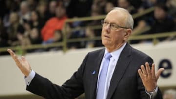 Feb 7, 2015; Pittsburgh, PA, USA; Syracuse Orange head coach Jim Boeheim gestures on the sidelines against the Pittsburgh Panthers during the second half at the Petersen Events Center. Pittsburgh won 83-77. Mandatory Credit: Charles LeClaire-USA TODAY Sports