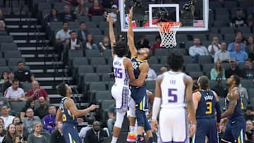 SACRAMENTO, CA - OCTOBER 11: Marvin Bagley III #35 of the Sacramento Kings shoots over the out stretched arm of Rudy Gobert #27 of the Utah Jazz during their NBA basketball game at Golden 1 Center on October 11, 2018 in Sacramento, California. NOTE TO USER: User expressly acknowledges and agrees that, by downloading and or using this photograph, User is consenting to the terms and conditions of the Getty Images License Agreement. (Photo by Thearon W. Henderson/Getty Images)