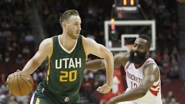 Nov 19, 2016; Houston, TX, USA; Utah Jazz forward Gordon Hayward (20) dribbles against Houston Rockets guard James Harden (13) in the first quarter at Toyota Center. Mandatory Credit: Thomas B. Shea-USA TODAY Sports