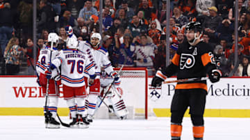 PHILADELPHIA, PENNSYLVANIA - DECEMBER 17: The New York Rangers celebrate a goal scored during the third period against the Philadelphia Flyers at Wells Fargo Center on December 17, 2022 in Philadelphia, Pennsylvania. (Photo by Tim Nwachukwu/Getty Images)