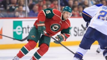 Apr 10, 2014; Saint Paul, MN, USA; Minnesota Wild left wing Dany Heatley (15) in the second period against the St. Louis Blues at Xcel Energy Center. The Minnesota Wild win 4-2. Mandatory Credit: Brad Rempel-USA TODAY Sports