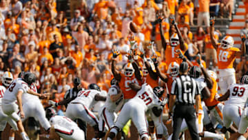 Parker White #43 of the South Carolina Gamecocks kicks a field goal. (Photo by Michael Reaves/Getty Images)