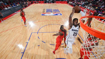 LAS VEGAS, NV - JULY 11: Malik Beasley #25 of the Denver Nuggets dunks the ball against the Toronto Raptors during the 2018 Las Vegas Summer League on July 11, 2018 at the Cox Pavilion in Las Vegas, Nevada. NOTE TO USER: User expressly acknowledges and agrees that, by downloading and/or using this photograph, user is consenting to the terms and conditions of the Getty Images License Agreement. Mandatory Copyright Notice: Copyright 2018 NBAE (Photo by David Dow/NBAE via Getty Images)