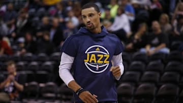 Nov 23, 2016; Salt Lake City, UT, USA; Utah Jazz guard George Hill (3) warms up prior to their game against the Denver Nuggets at Vivint Smart Home Arena. Mandatory Credit: Jeff Swinger-USA TODAY Sports