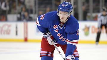 Sep 29, 2016; New York, NY, USA; New York Rangers left wing Jimmy Vesey (26) in action against the New Jersey Devils at Madison Square Garden. Mandatory Credit: Brad Penner-USA TODAY Sports