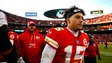 KANSAS CITY, MISSOURI - DECEMBER 09: Quarterback Patrick Mahomes #15 of the Kansas City Chiefs walks off the field after the Chiefs defeated the Baltimore Ravens 27-24 in overtime to win the game at Arrowhead Stadium on December 09, 2018 in Kansas City, Missouri. (Photo by Jamie Squire/Getty Images)