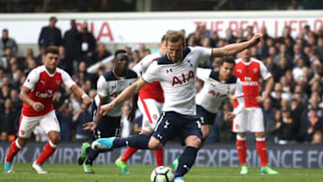 LONDON, ENGLAND - APRIL 30: Harry Kane of Tottenham Hotspur scores his sides second goal from the penalty spot during the Premier League match between Tottenham Hotspur and Arsenal at White Hart Lane on April 30, 2017 in London, England. (Photo by Julian Finney/Getty Images)