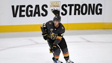 LAS VEGAS, NV - OCTOBER 10: Luca Sbisa #47 of the Vegas Golden Knights skates with the puck against the Arizona Coyotes during the Golden Knights' inaugural regular-season home opener at T-Mobile Arena on October 10, 2017 in Las Vegas, Nevada. The Golden Knights won 5-2. (Photo by Ethan Miller/Getty Images)