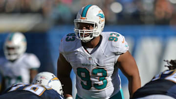 Nov 13, 2016; San Diego, CA, USA; Miami Dolphins defensive tackle Ndamukong Suh (93) looks across the line before the snap during the second quarter against the San Diego Chargers at Qualcomm Stadium. Mandatory Credit: Jake Roth-USA TODAY Sports