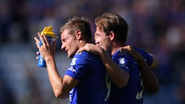 LEICESTER, ENGLAND - SEPTEMBER 21: Jamie Vardy and Ben Chilwell of Leicester City applaud the fans after victory during the Premier League match between Leicester City and Tottenham Hotspur at The King Power Stadium on September 21, 2019 in Leicester, United Kingdom. (Photo by Laurence Griffiths/Getty Images)